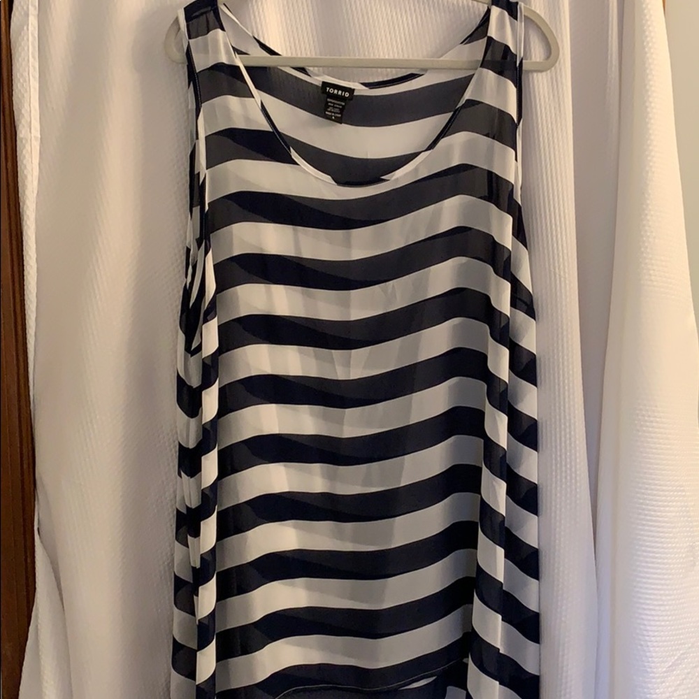 White and navy striped chiffon tunic